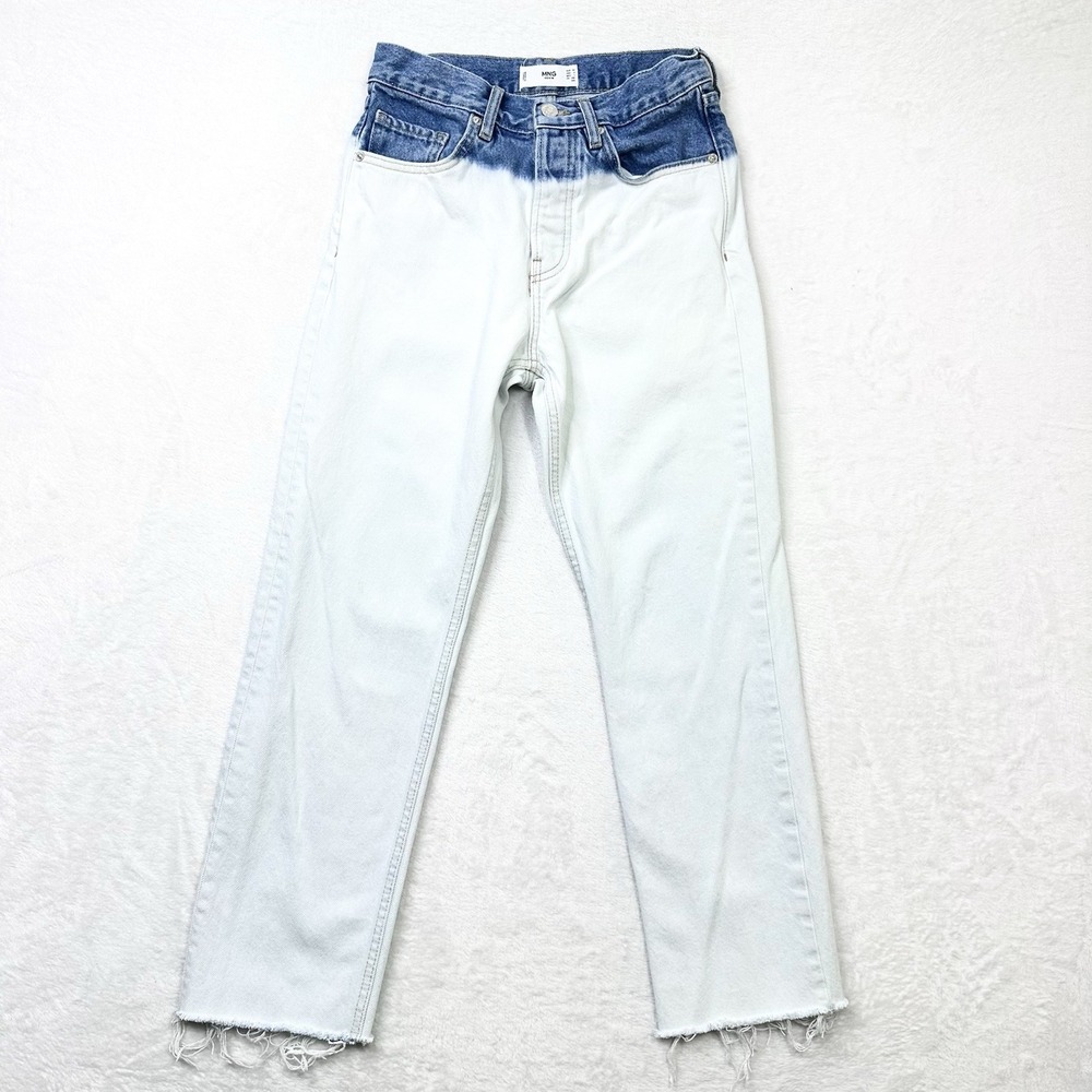 MNG Jeans Womens Size 2 24W 26L Bleach Dipped Straight Frayed Hem Button Fly